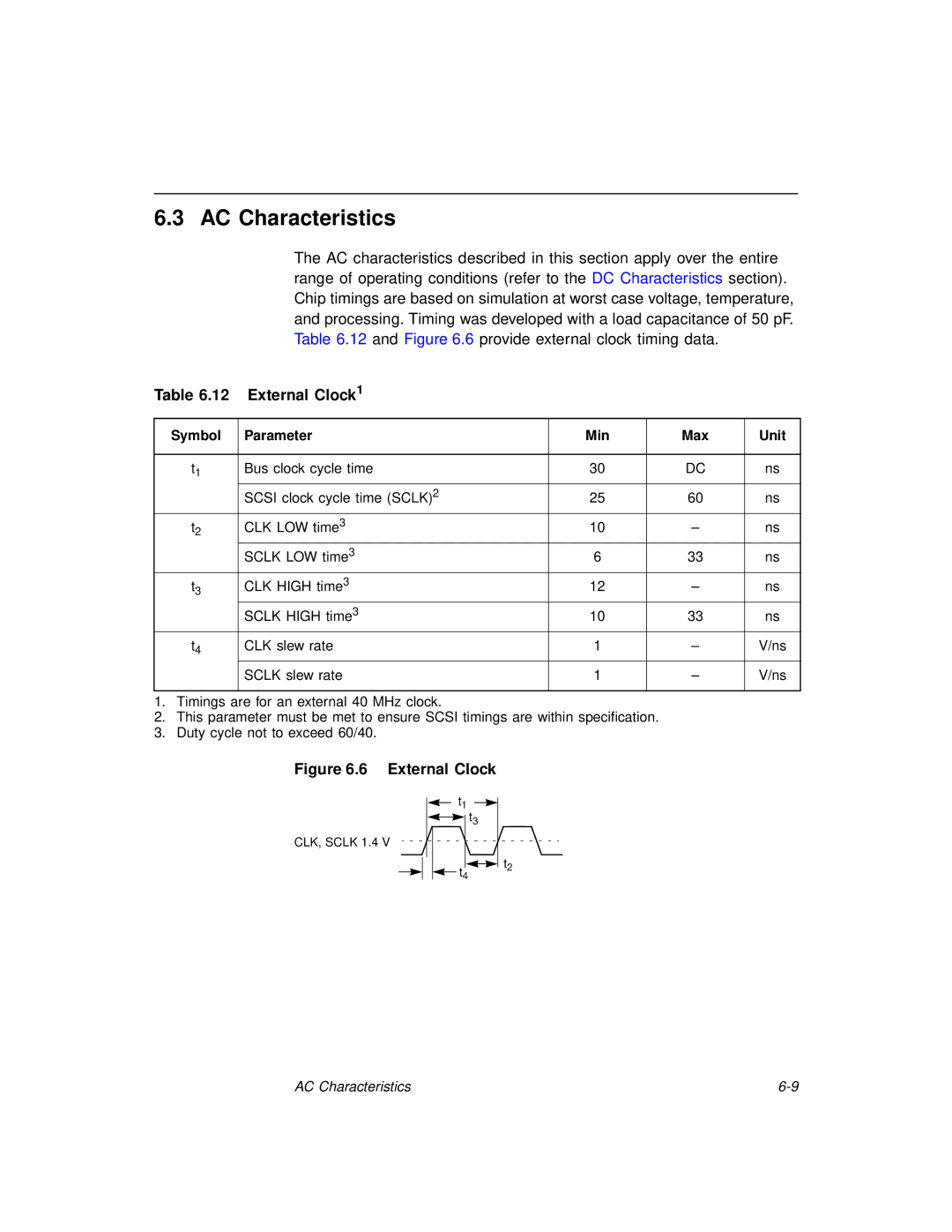 LSI 53C875A technical manual AC Characteristics, External Clock1, Symbol Parameter Min Max Unit 