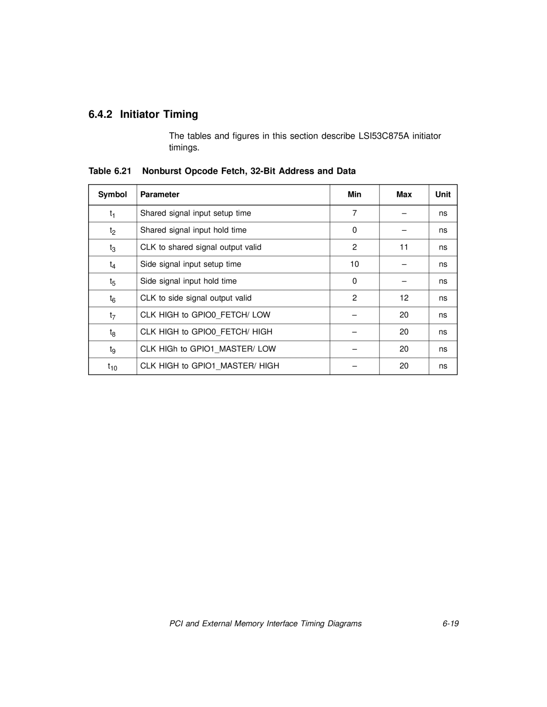 LSI 53C875A technical manual Initiator Timing, Nonburst Opcode Fetch, 32-Bit Address and Data 