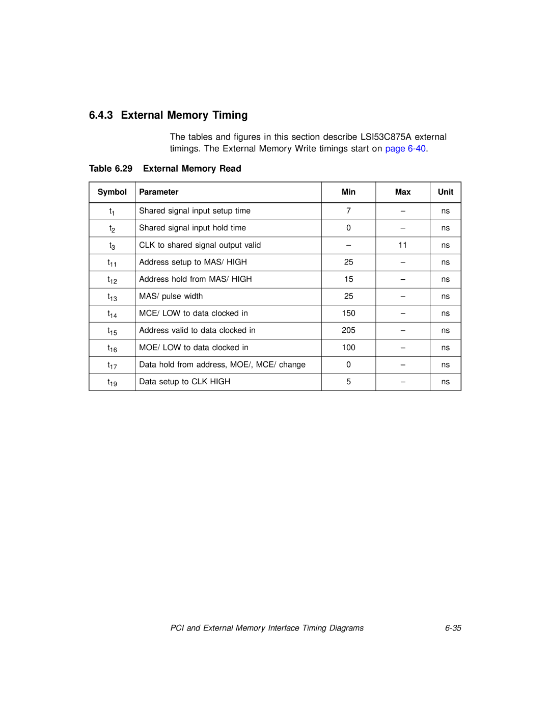 LSI 53C875A technical manual External Memory Timing, External Memory Read 