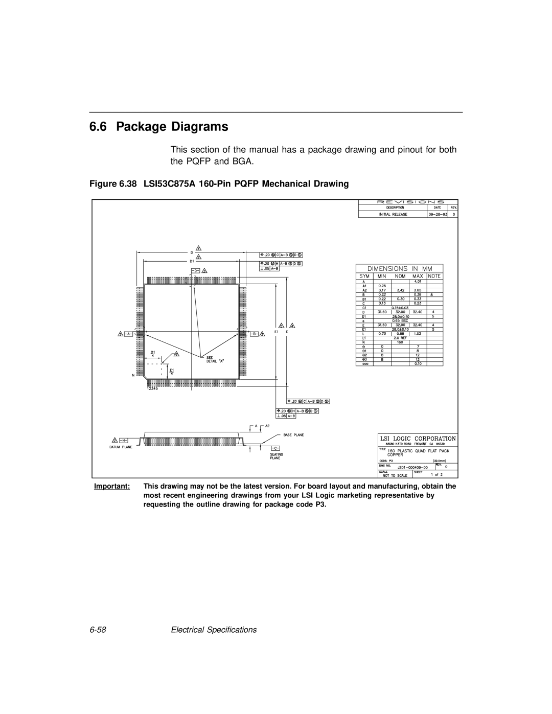 LSI technical manual Package Diagrams, 38 LSI53C875A 160-Pin Pqfp Mechanical Drawing 