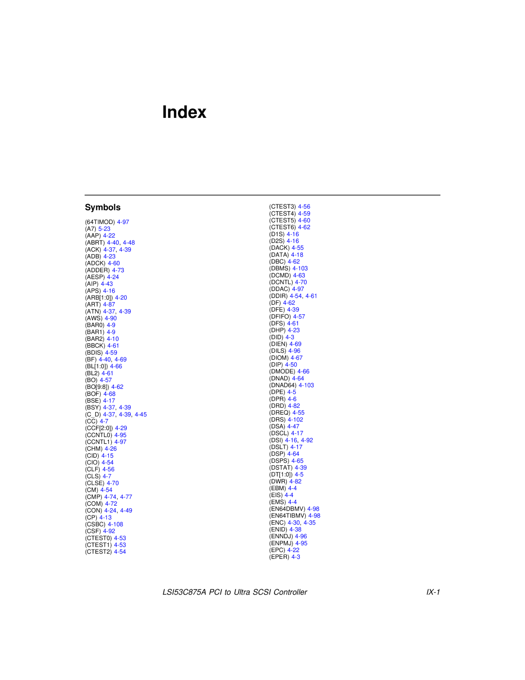 LSI 53C875A technical manual Index, Symbols 