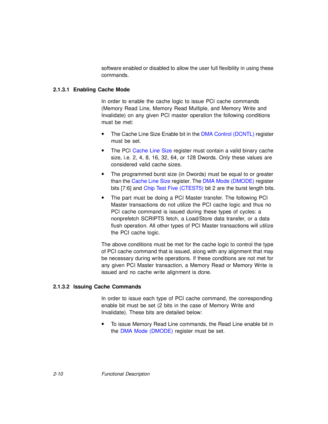 LSI 53C875A technical manual Enabling Cache Mode, Issuing Cache Commands 