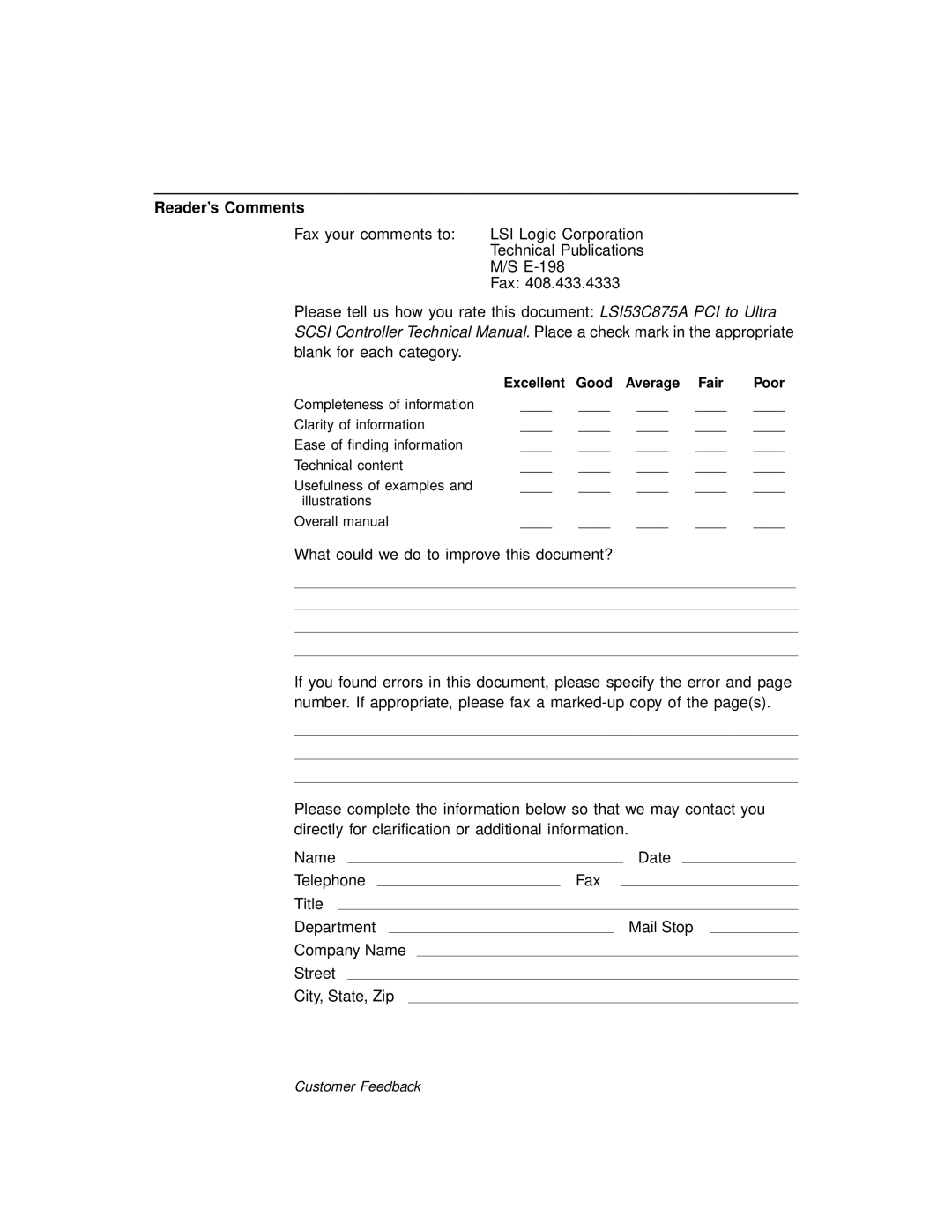 LSI 53C875A technical manual Reader’s Comments, Excellent Good Average Fair Poor 