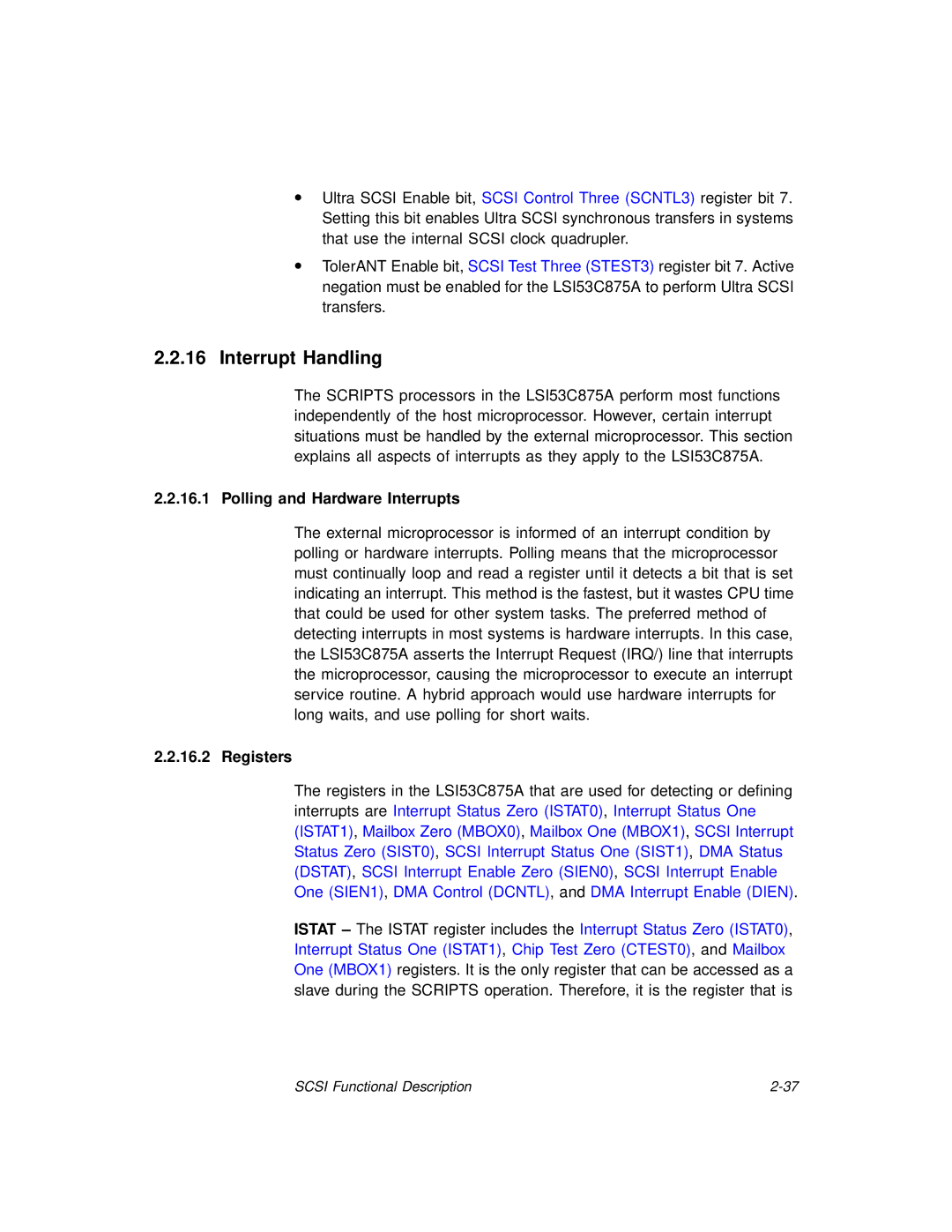 LSI 53C875A technical manual Interrupt Handling, Polling and Hardware Interrupts, Registers 