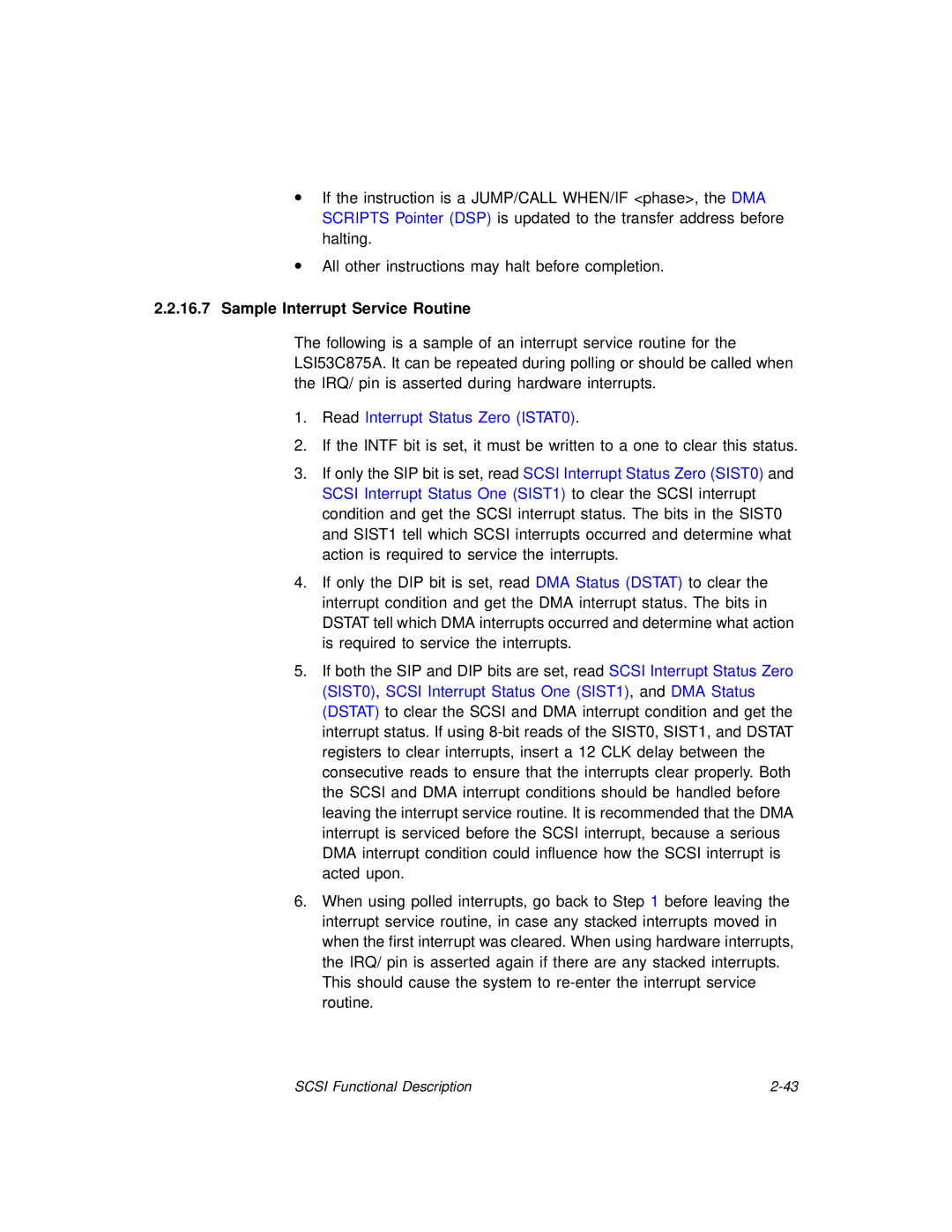 LSI 53C875A technical manual Sample Interrupt Service Routine, Read Interrupt Status Zero ISTAT0 