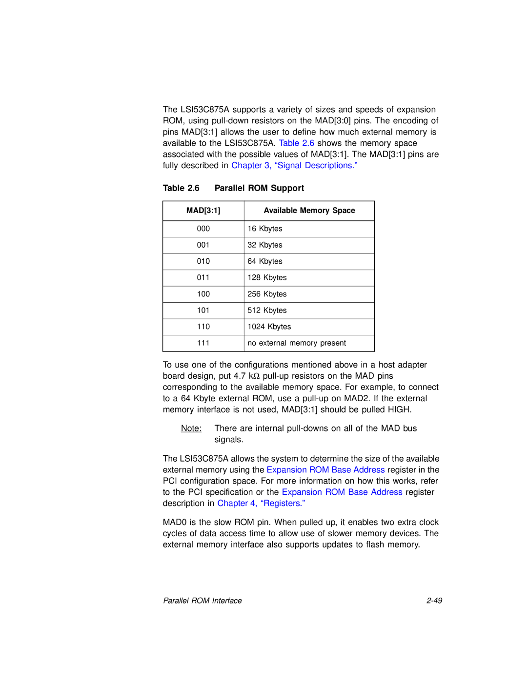 LSI 53C875A technical manual Parallel ROM Support, MAD31 Available Memory Space 