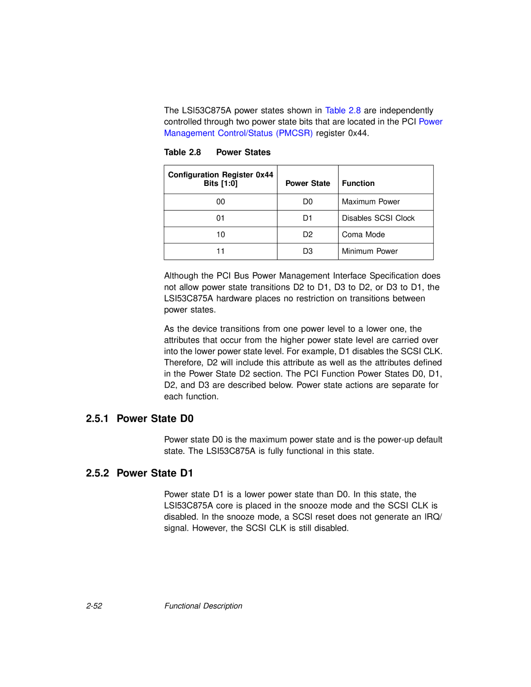 LSI 53C875A technical manual Power State D0, Power State D1, Power States, Configuration Register Bits, Function 