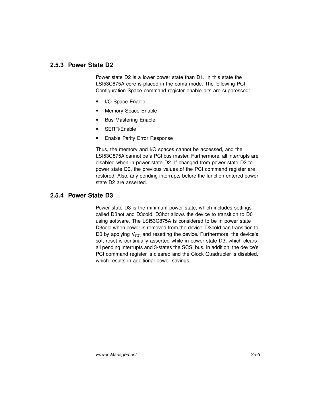 LSI 53C875A technical manual Power State D2, Power State D3 