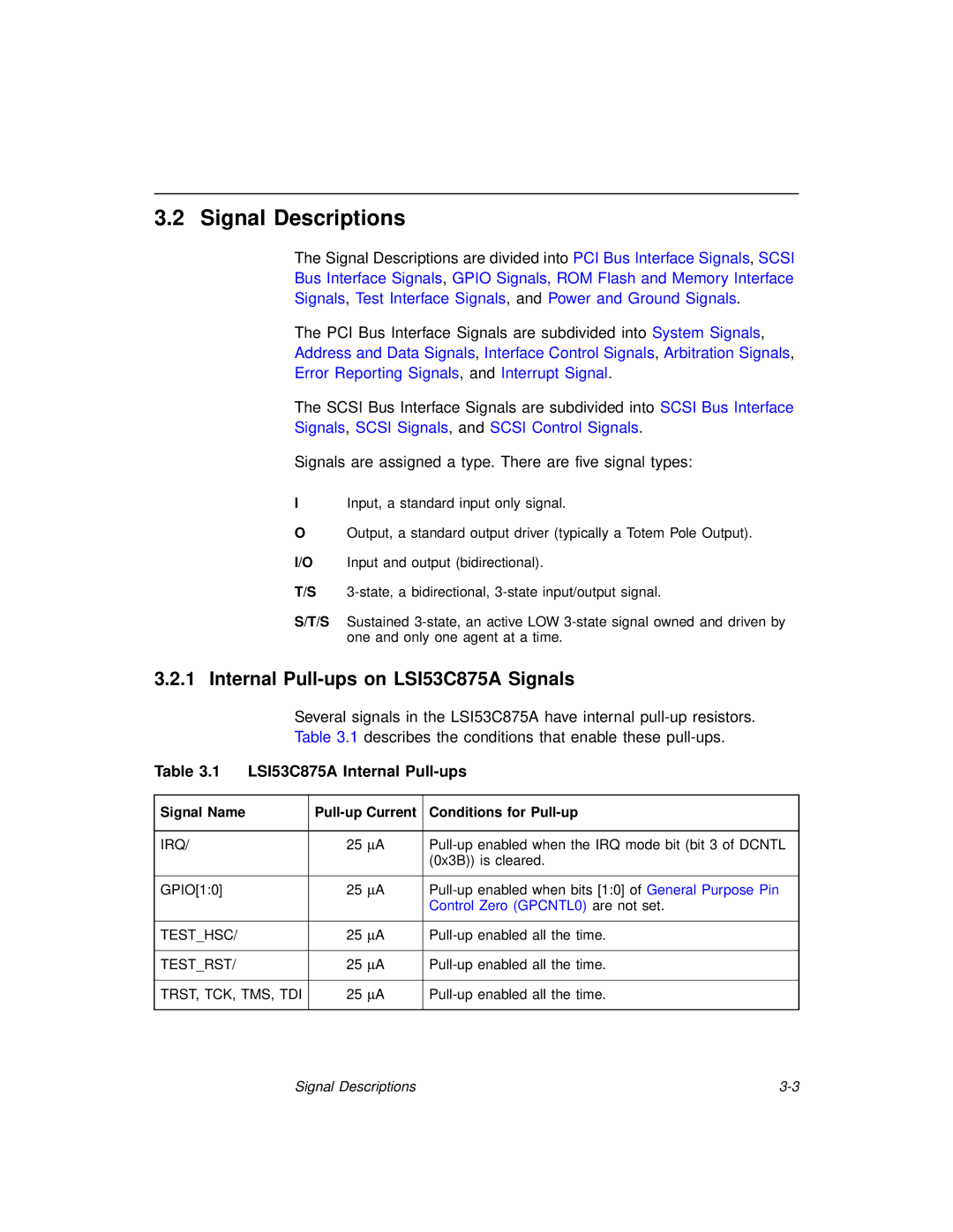 LSI technical manual Signal Descriptions, Internal Pull-ups on LSI53C875A Signals, LSI53C875A Internal Pull-ups 