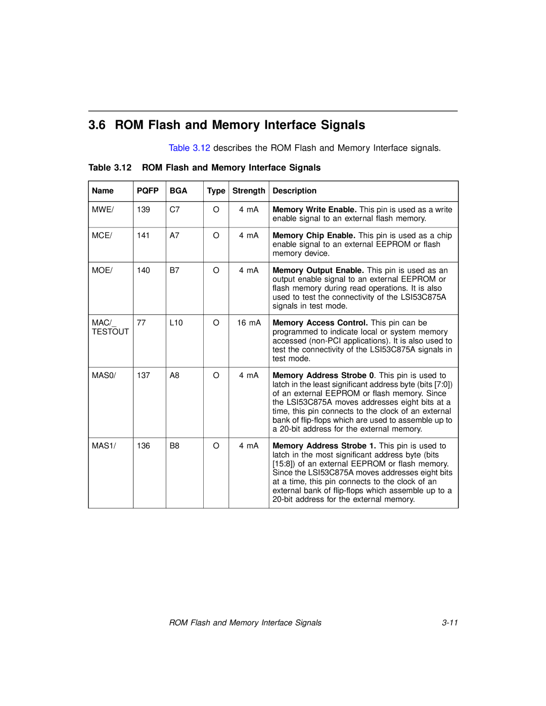 LSI 53C875A technical manual ROM Flash and Memory Interface Signals 