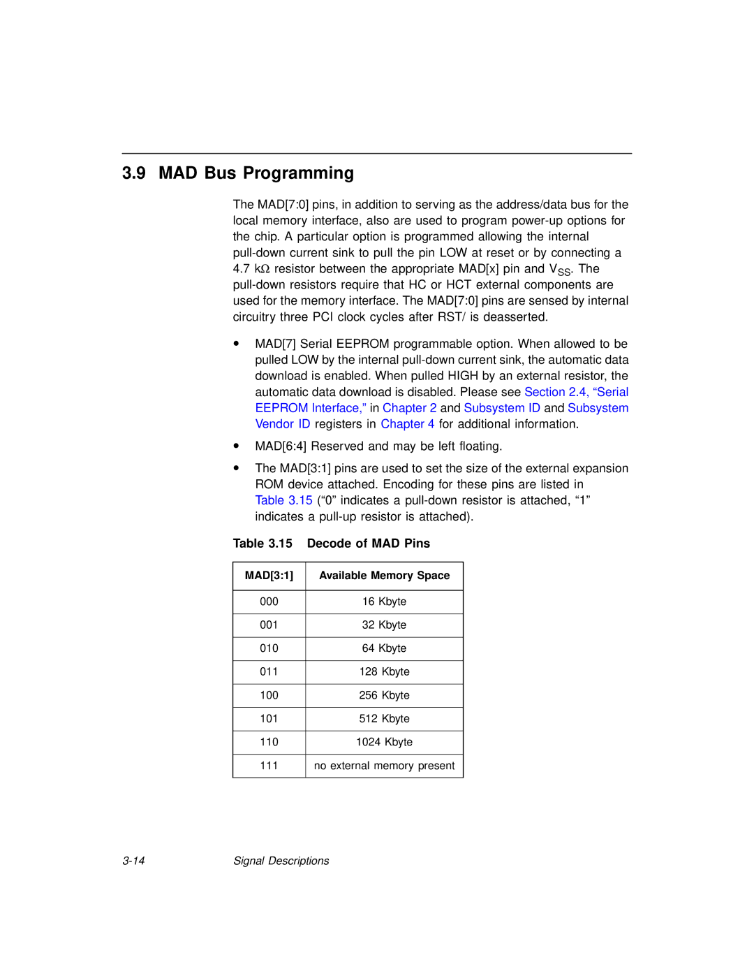 LSI 53C875A technical manual MAD Bus Programming, Decode of MAD Pins 