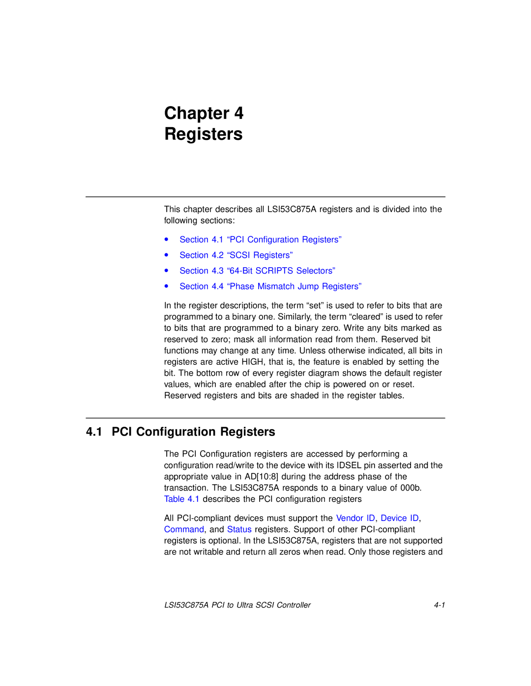 LSI 53C875A technical manual Chapter Registers, PCI Configuration Registers 