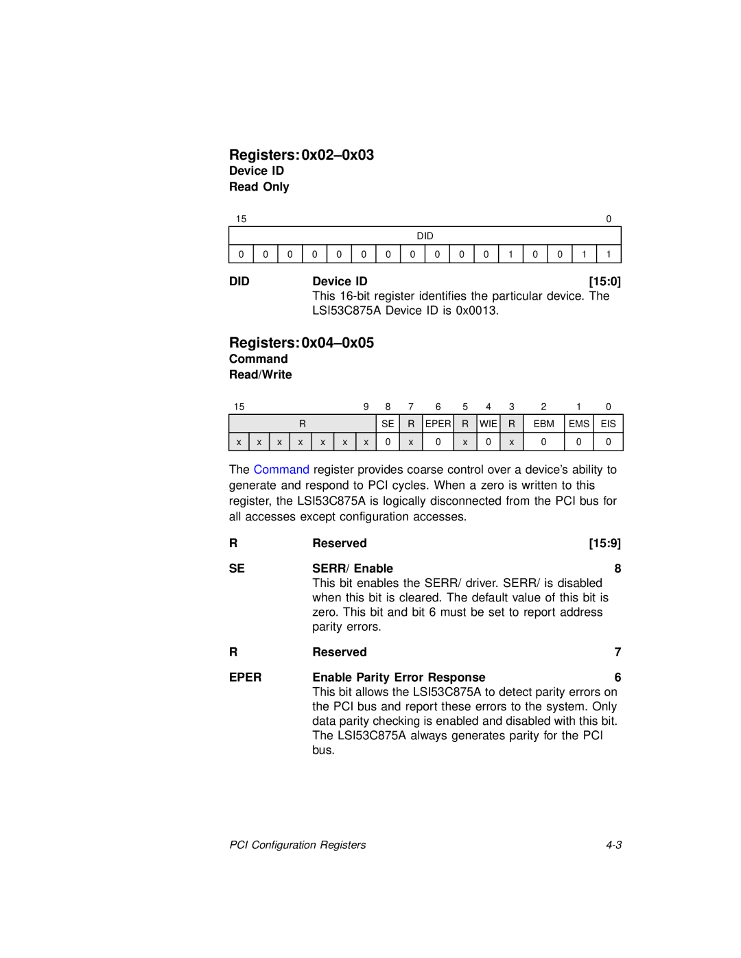 LSI 53C875A technical manual Device ID Read Only, DIDDevice ID150, Command Read/Write, Eper, Enable Parity Error Response 