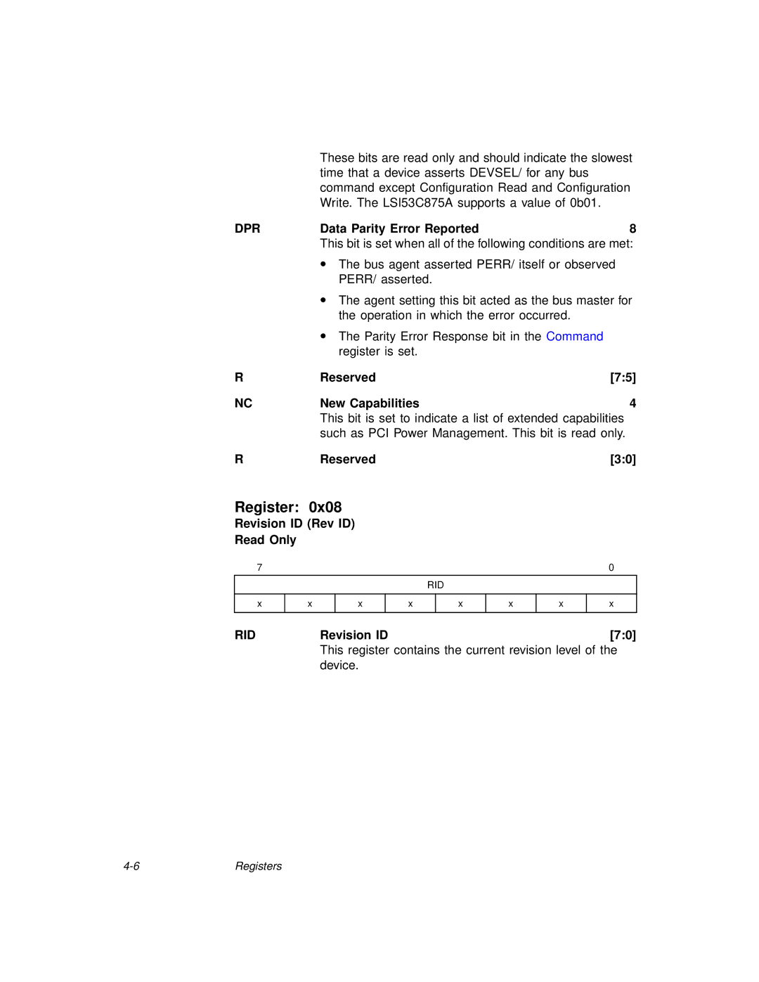 LSI 53C875A technical manual Register, Dpr, Revision ID Rev ID Read Only, RIDRevision ID70 