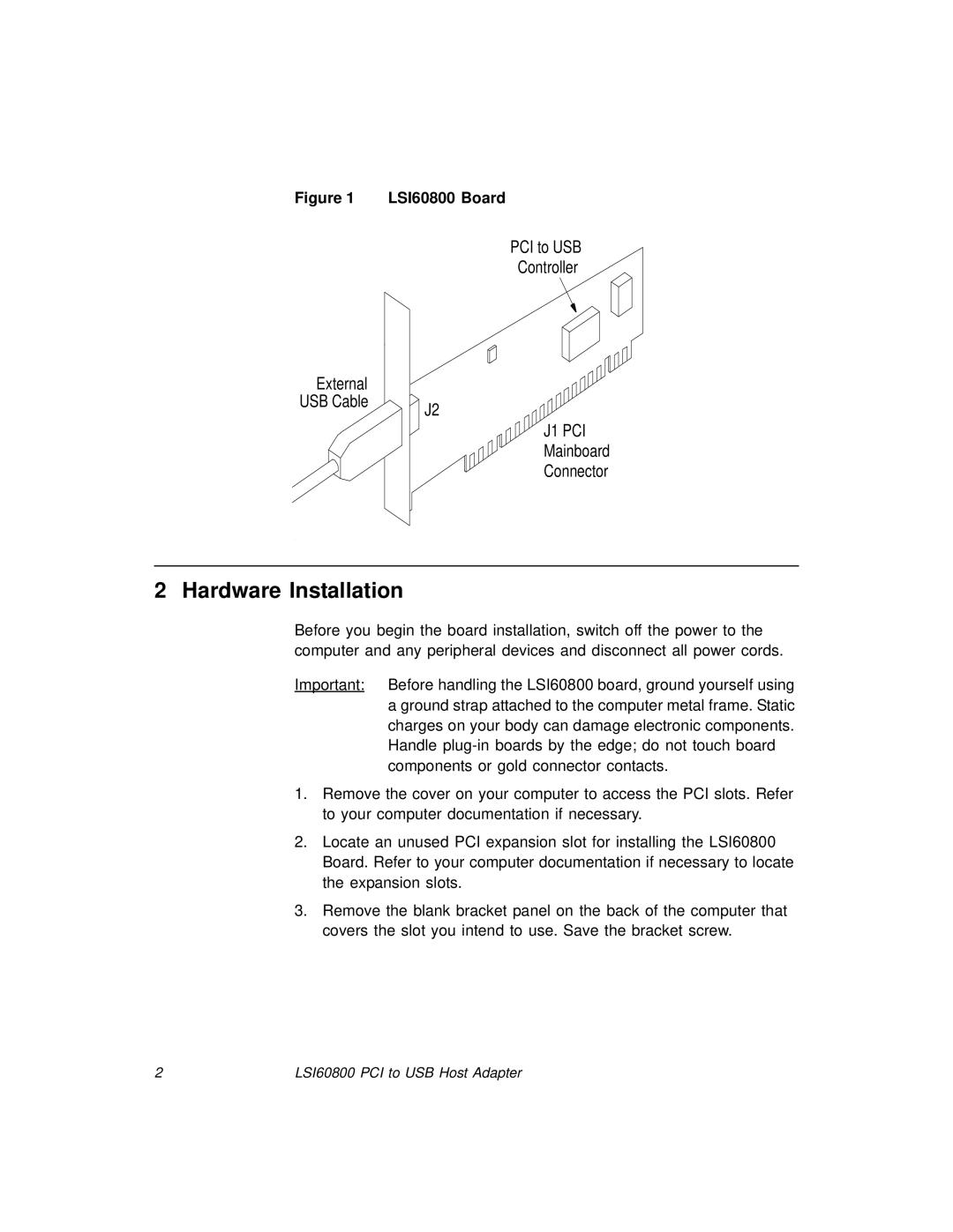 LSI manual Hardware Installation, LSI60800 Board 