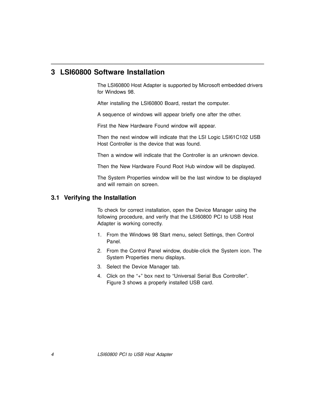 LSI manual LSI60800 Software Installation, Verifying the Installation 