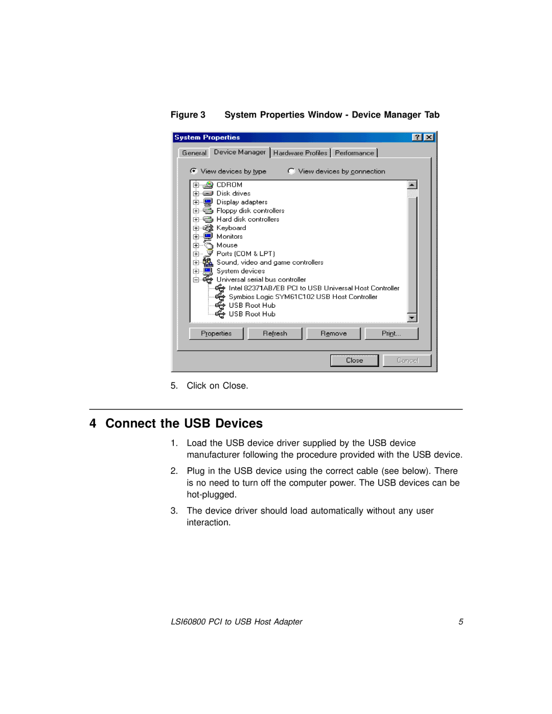 LSI 60800 manual Connect the USB Devices, System Properties Window Device Manager Tab 