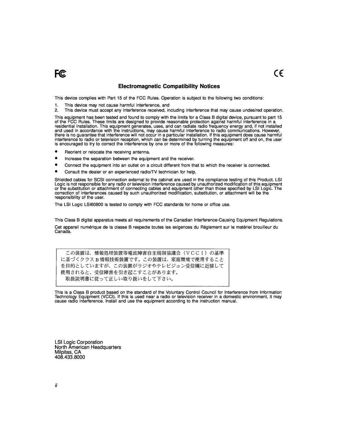 LSI 60800 manual Electromagnetic Compatibility Notices, LSI Logic Corporation North American Headquarters Milpitas, CA 