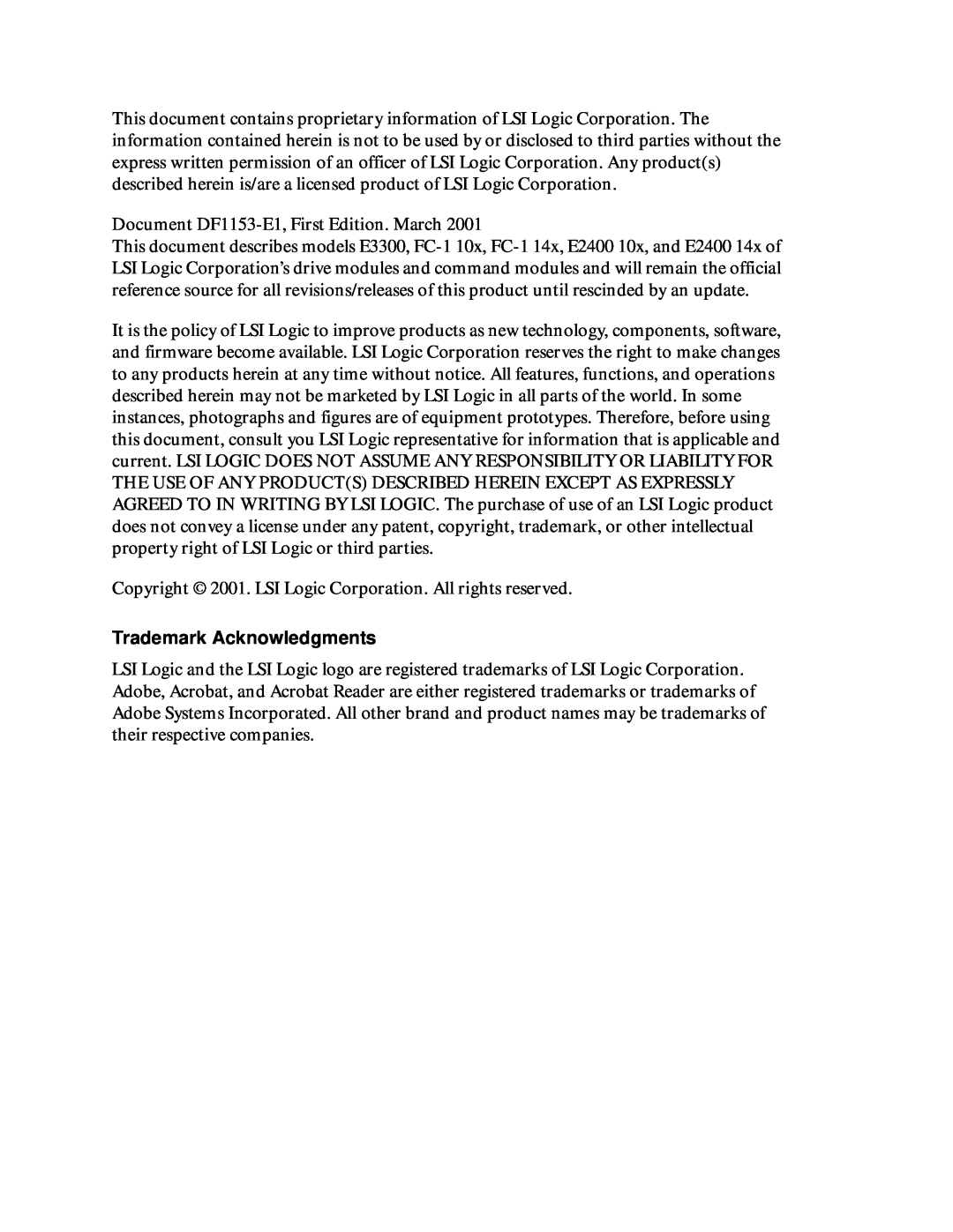 LSI DF1153-E1 manual Trademark Acknowledgments 