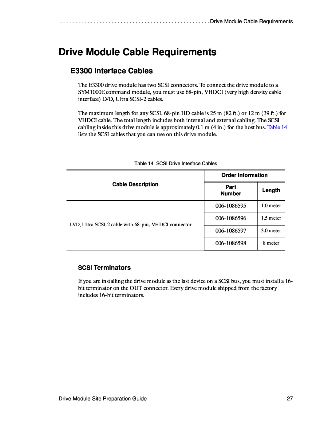 LSI DF1153-E1 manual Drive Module Cable Requirements, E3300 Interface Cables, SCSI Terminators 