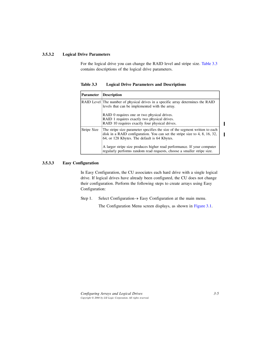 LSI D815-000319-00, ICH6R manual Logical Drive Parameters and Descriptions, Easy Configuration, Parameter Description 