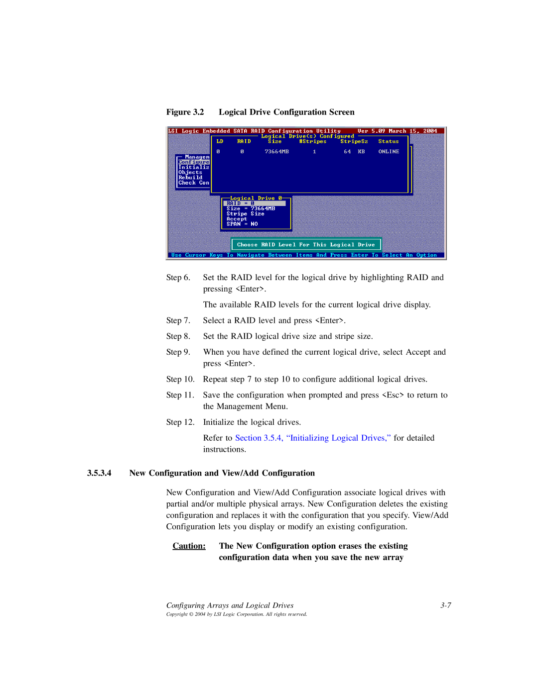 LSI D815-000319-00, ICH6R manual Logical Drive Configuration Screen, New Configuration and View/Add Configuration 