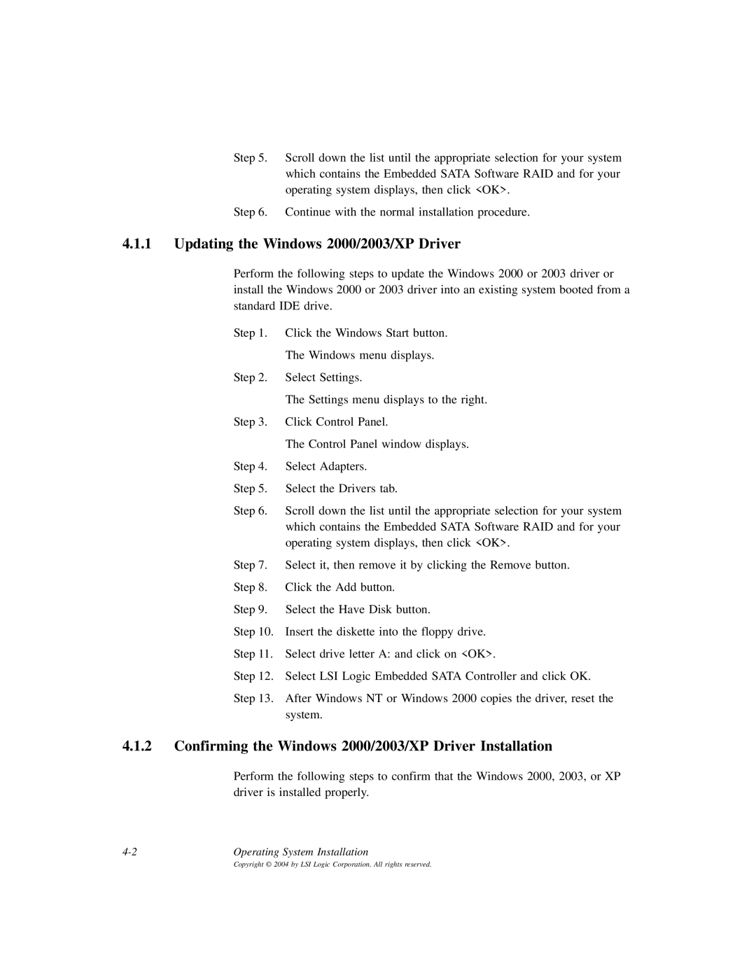 LSI ICH6R manual Updating the Windows 2000/2003/XP Driver, Confirming the Windows 2000/2003/XP Driver Installation 