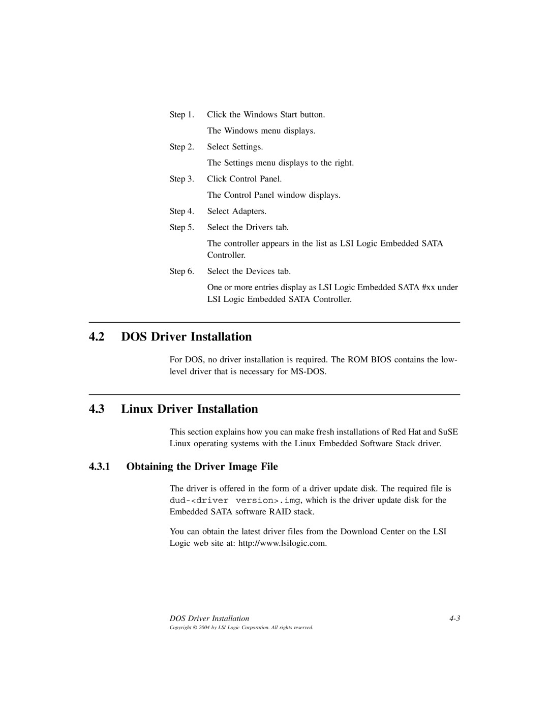 LSI D815-000319-00, ICH6R manual DOS Driver Installation, Linux Driver Installation, Obtaining the Driver Image File 