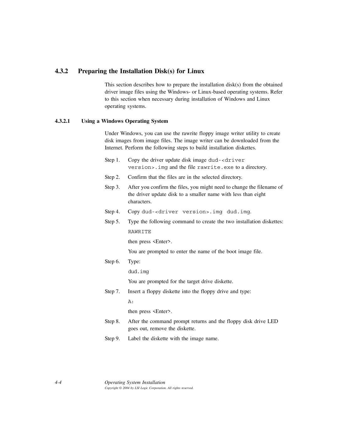 LSI ICH6R, D815-000319-00 manual Preparing the Installation Disks for Linux, Using a Windows Operating System 