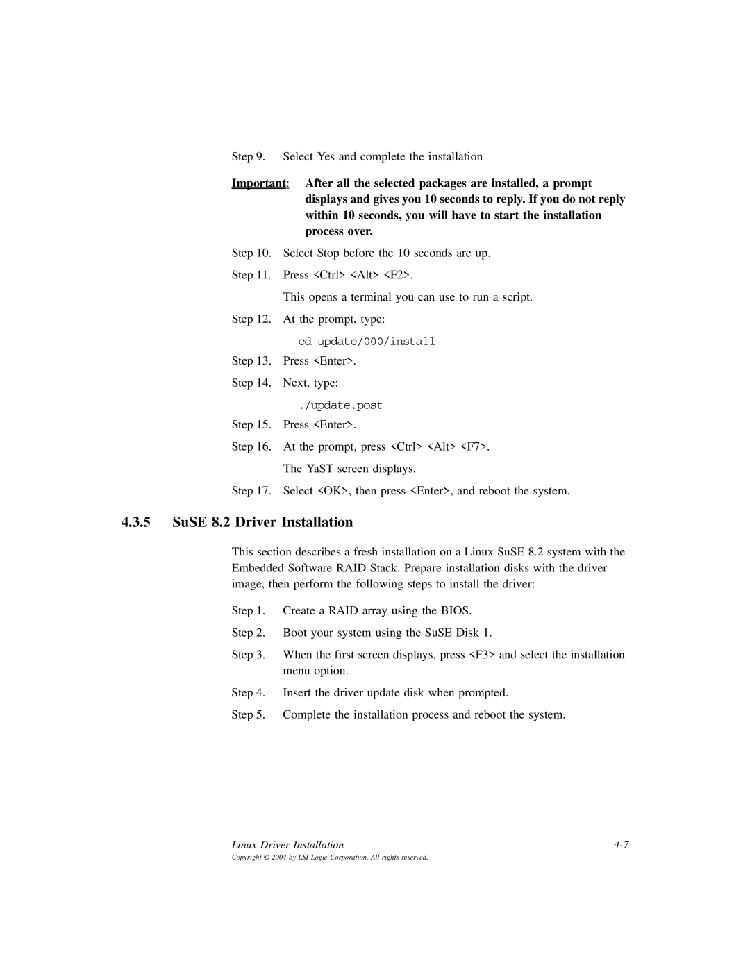 LSI D815-000319-00, ICH6R manual SuSE 8.2 Driver Installation 