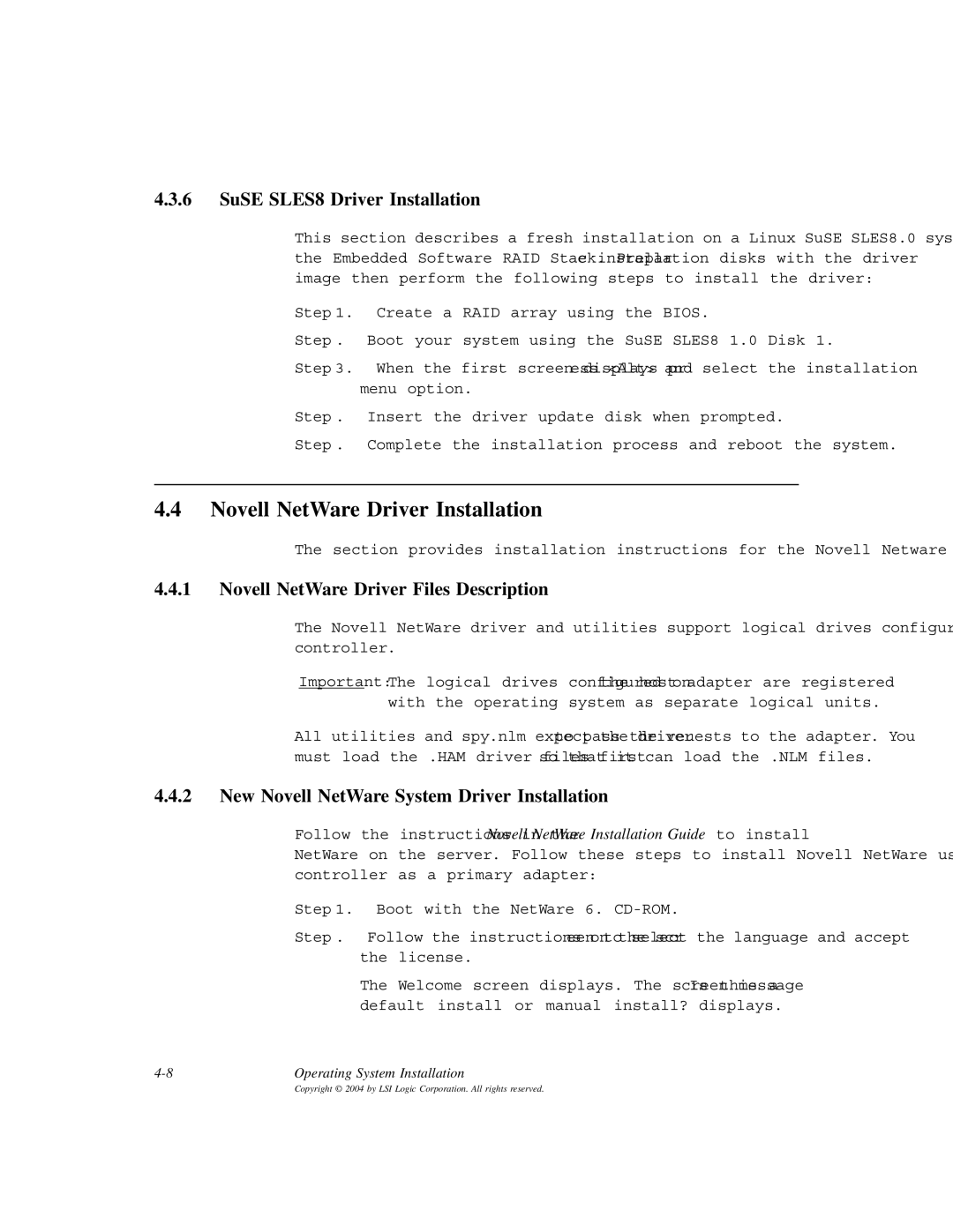 LSI ICH6R Novell NetWare Driver Installation, SuSE SLES8 Driver Installation, Novell NetWare Driver Files Description 