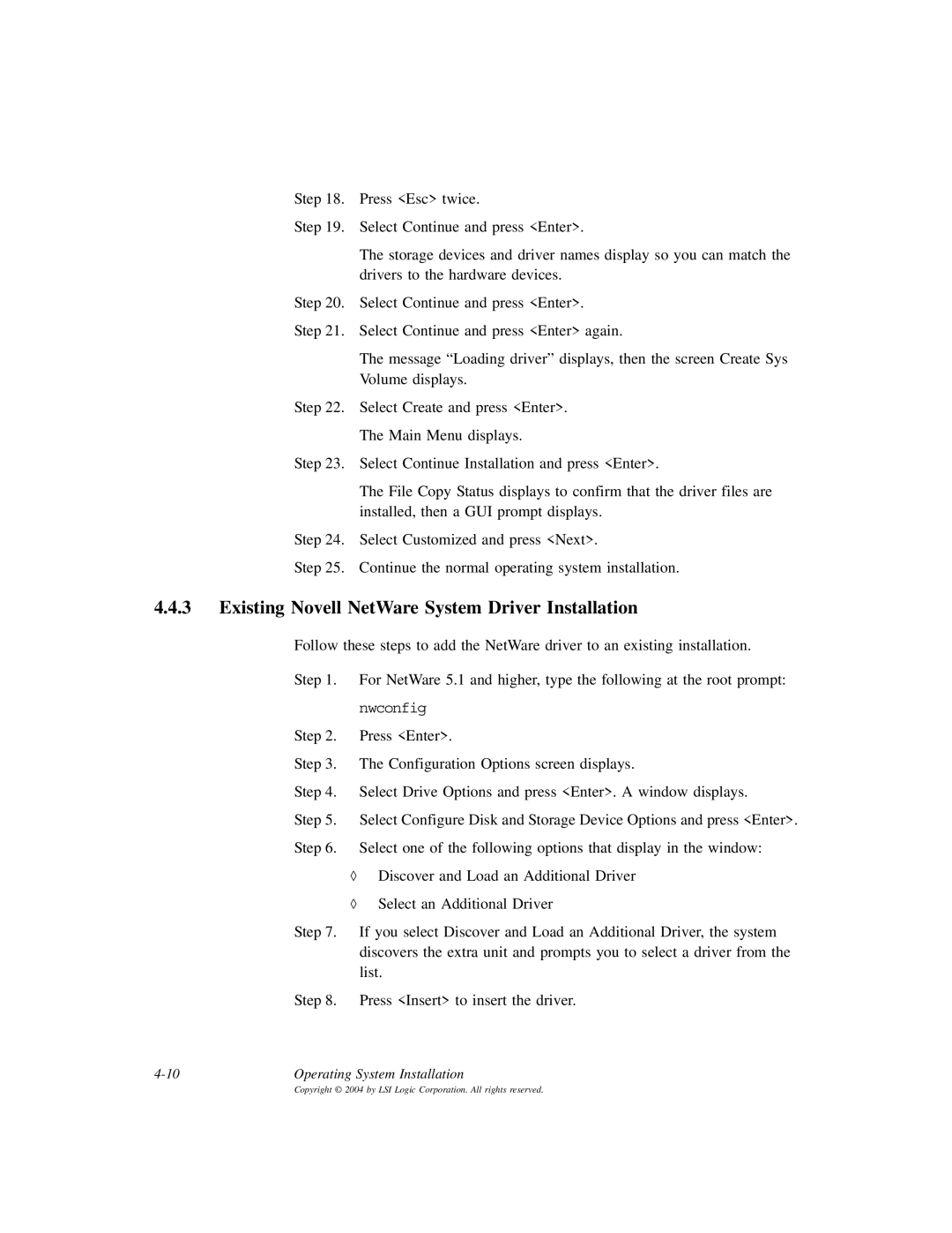 LSI ICH6R, D815-000319-00 manual Existing Novell NetWare System Driver Installation 