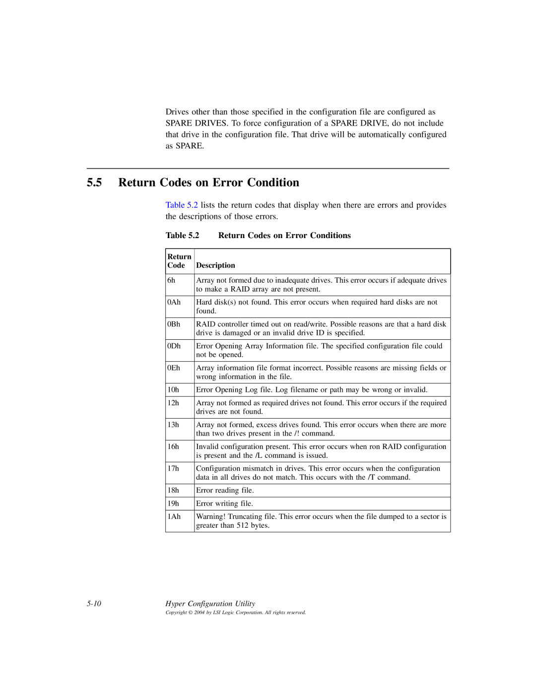 LSI ICH6R, D815-000319-00 manual Return Codes on Error Conditions, Return Code Description 