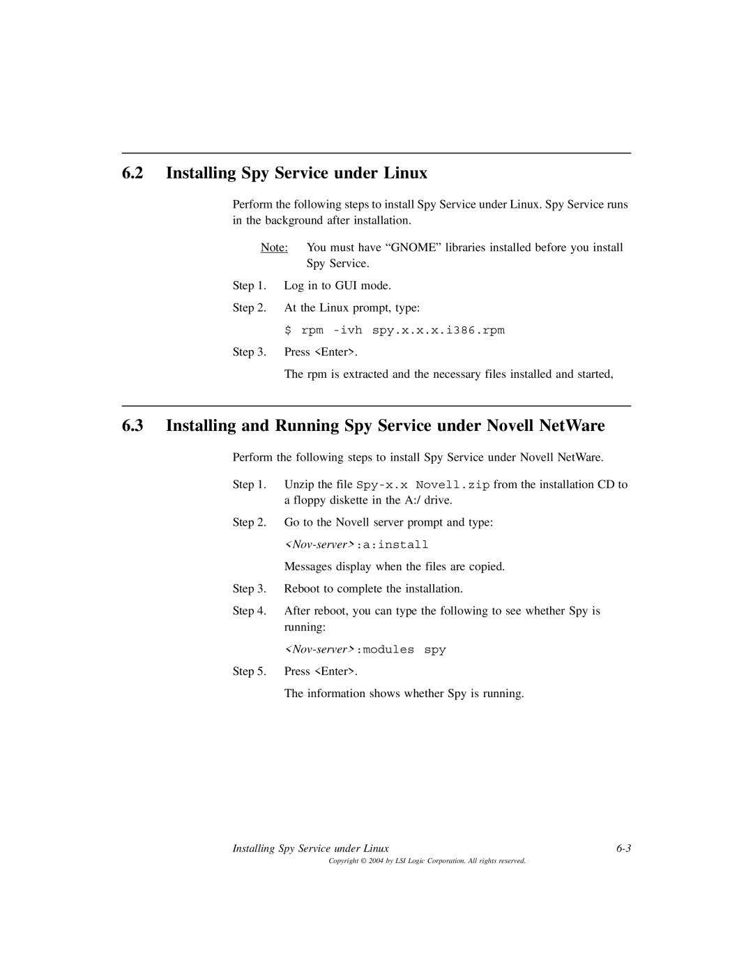 LSI D815-000319-00, ICH6R manual Installing Spy Service under Linux, Installing and Running Spy Service under Novell NetWare 