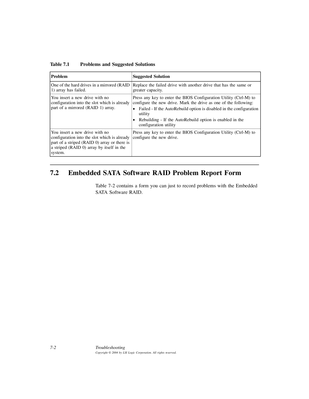 LSI ICH6R, D815-000319-00 manual Embedded Sata Software RAID Problem Report Form 