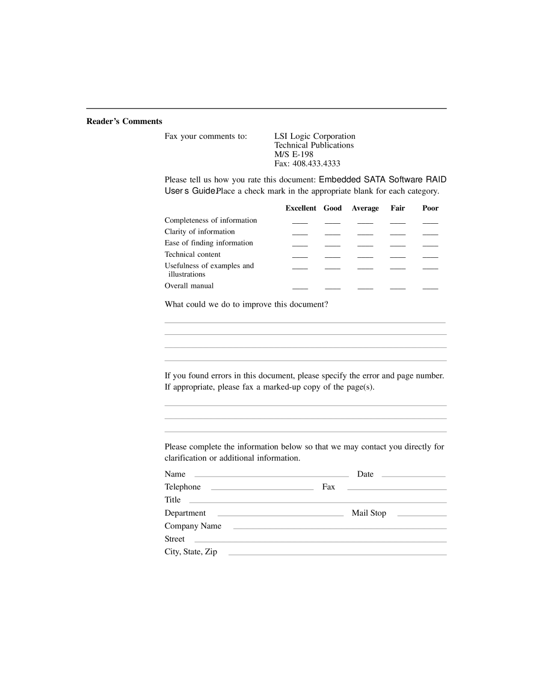 LSI ICH6R, D815-000319-00 manual Reader’s Comments, Good Average Fair Poor 