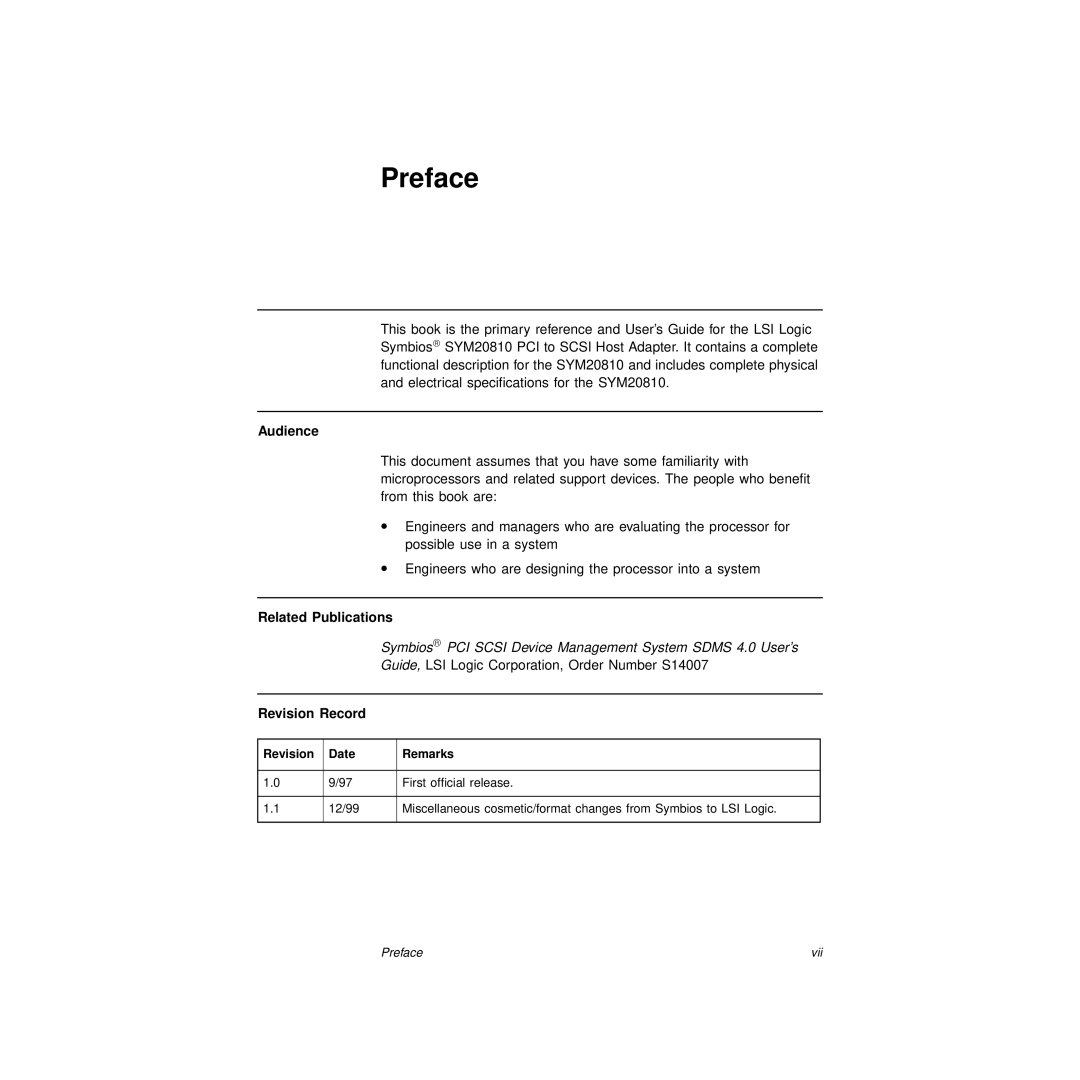 LSI S14037 manual Audience, Related Publications, Revision Record 