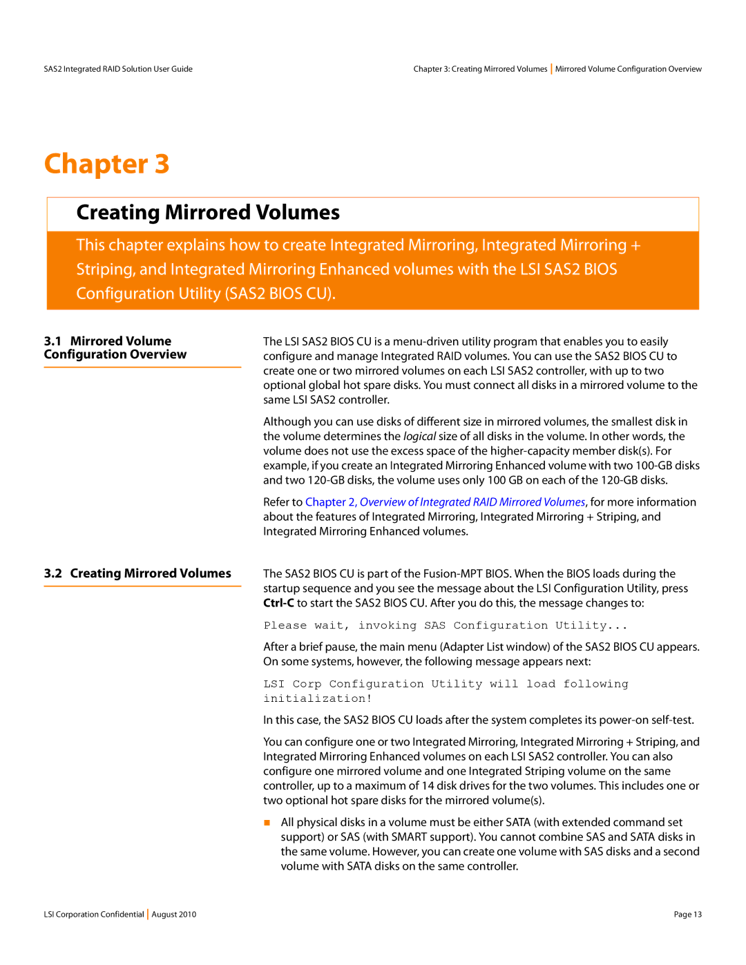 LSI SAS2 manual Creating Mirrored Volumes, Configuration Overview, Please wait, invoking SAS Configuration Utility 