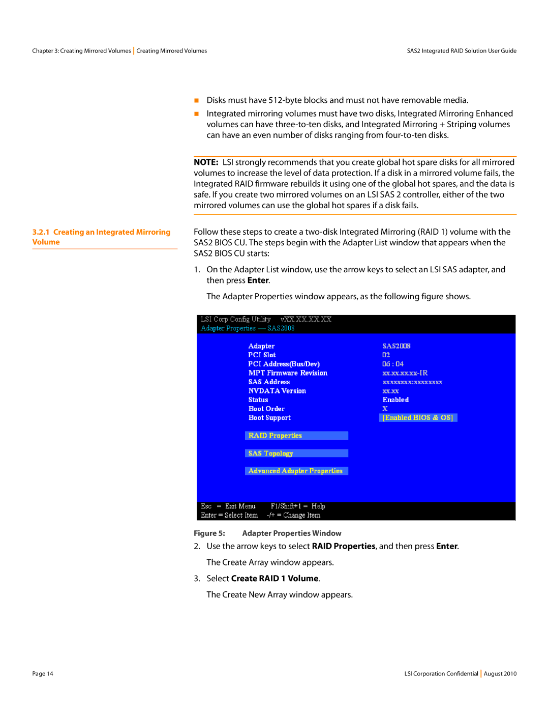 LSI SAS2 manual Select Create RAID 1 Volume, Create New Array window appears 