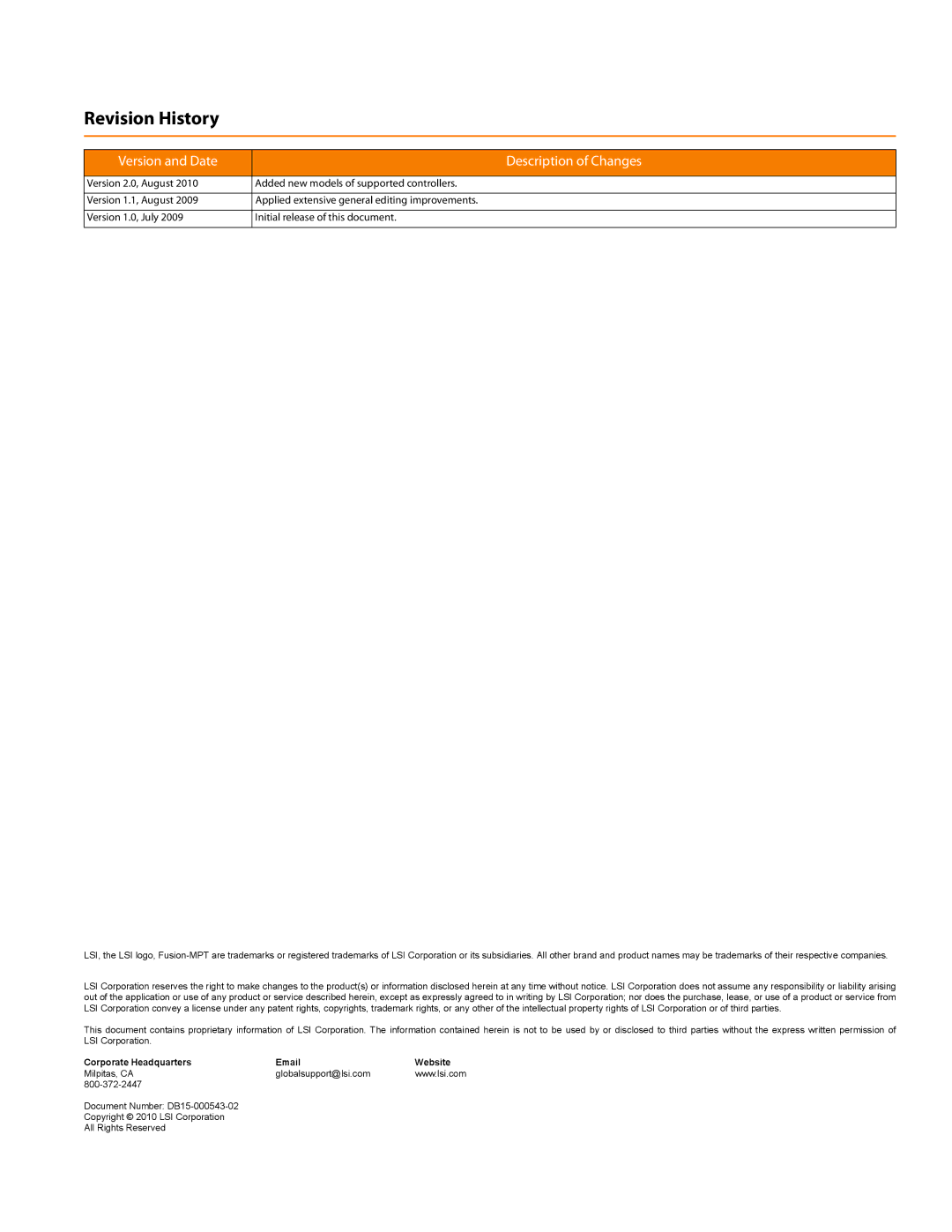 LSI SAS2 manual Revision History 