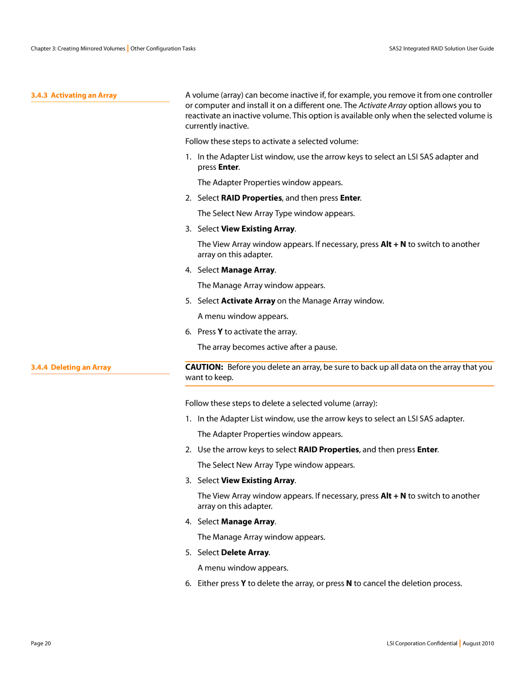 LSI SAS2 manual Currently inactive, Follow these steps to activate a selected volume, Press Enter, Menu window appears 