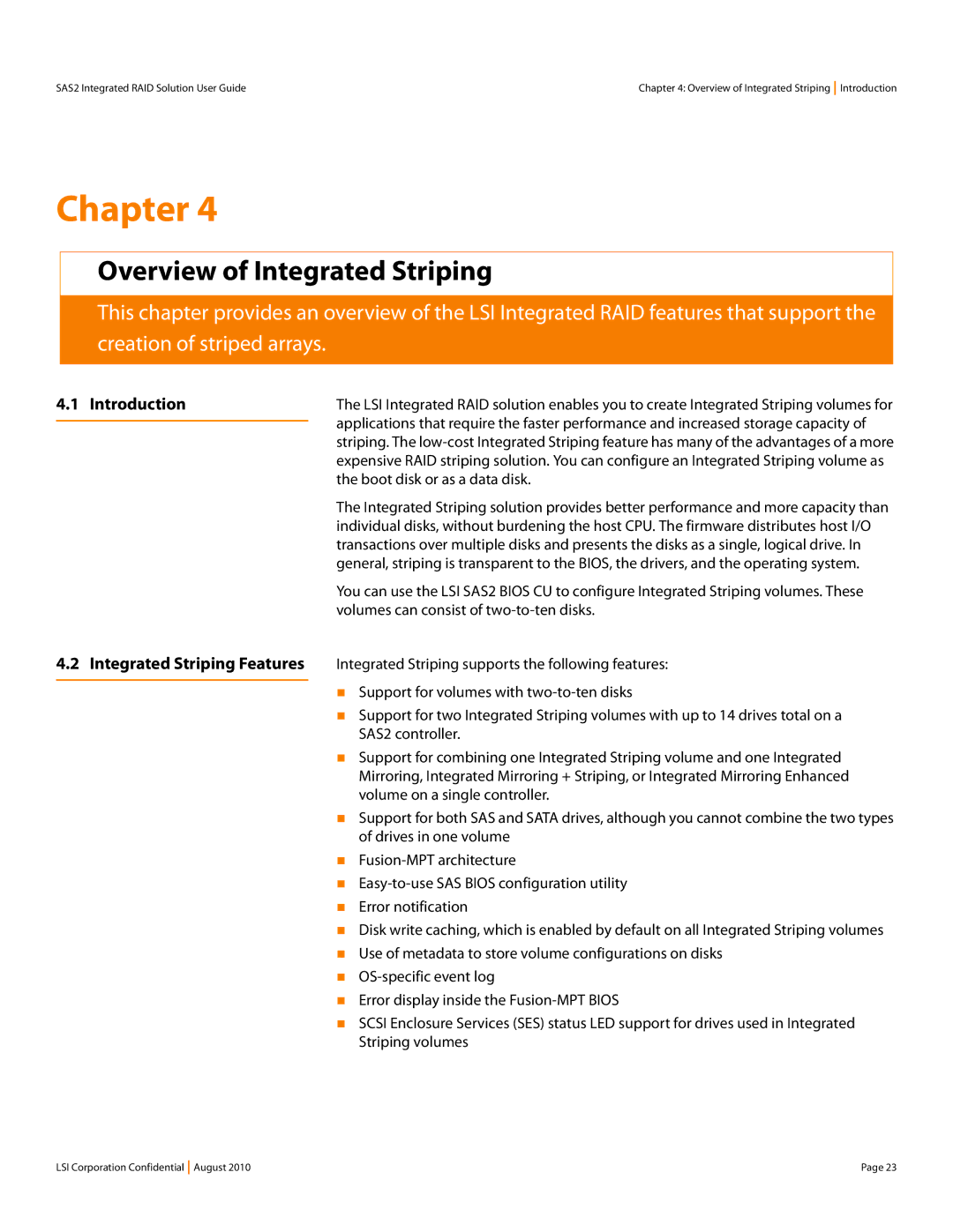 LSI SAS2 manual Overview of Integrated Striping, Boot disk or as a data disk, Volumes can consist of two-to-ten disks 