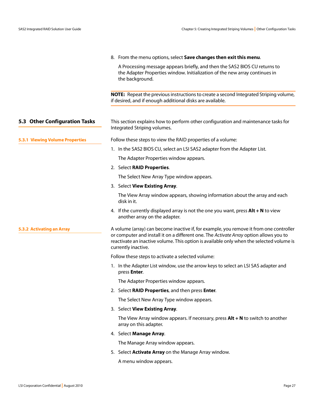 LSI SAS2 manual Viewing Volume Properties Activating an Array 