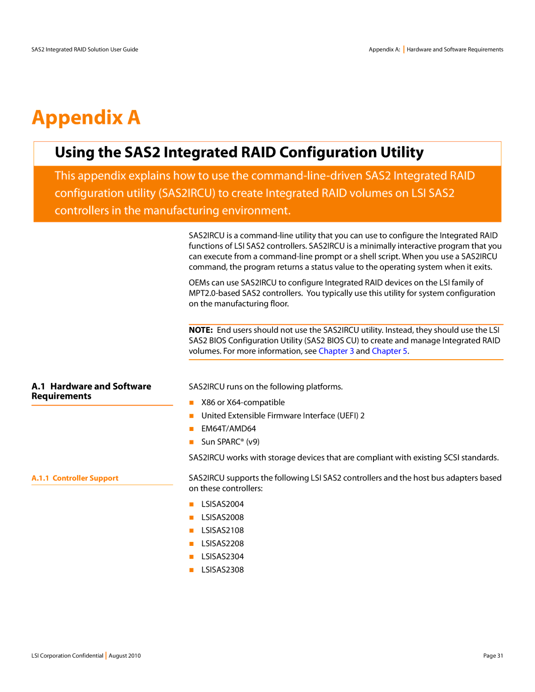 LSI manual Using the SAS2 Integrated RAID Configuration Utility, Hardware and Software, Requirements 