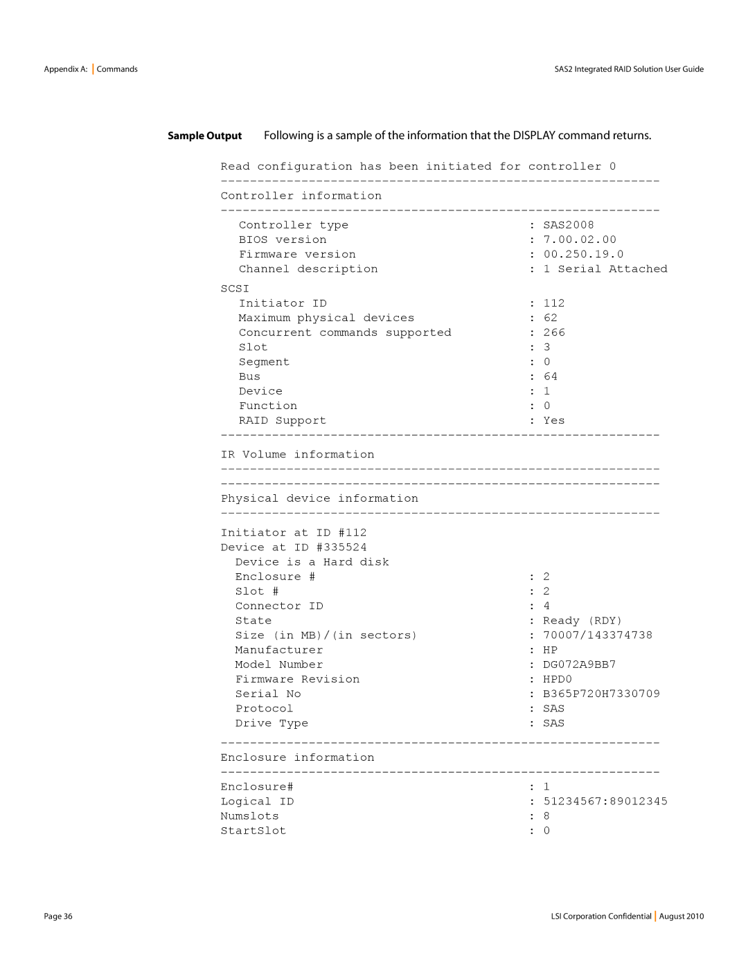 LSI SAS2 manual 112, Initiator ID, Drive Type, Enclosure information Enclosure# Logical ID, Numslots StartSlot 