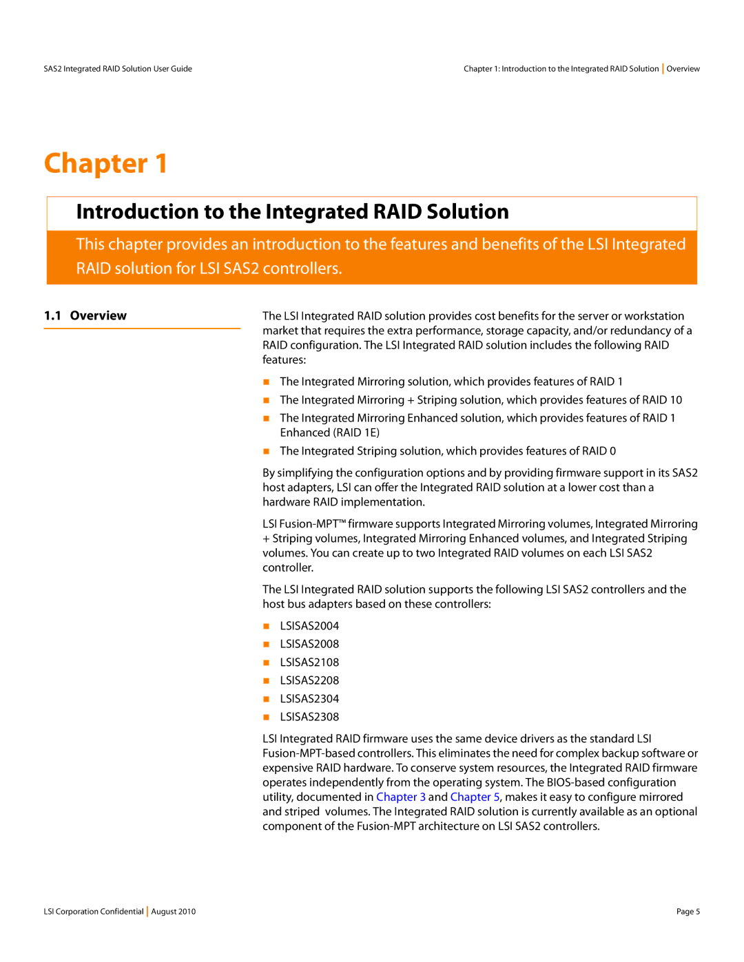 LSI SAS2 Introduction to the Integrated RAID Solution, Overview, Features, Enhanced RAID 1E, Hardware RAID implementation 