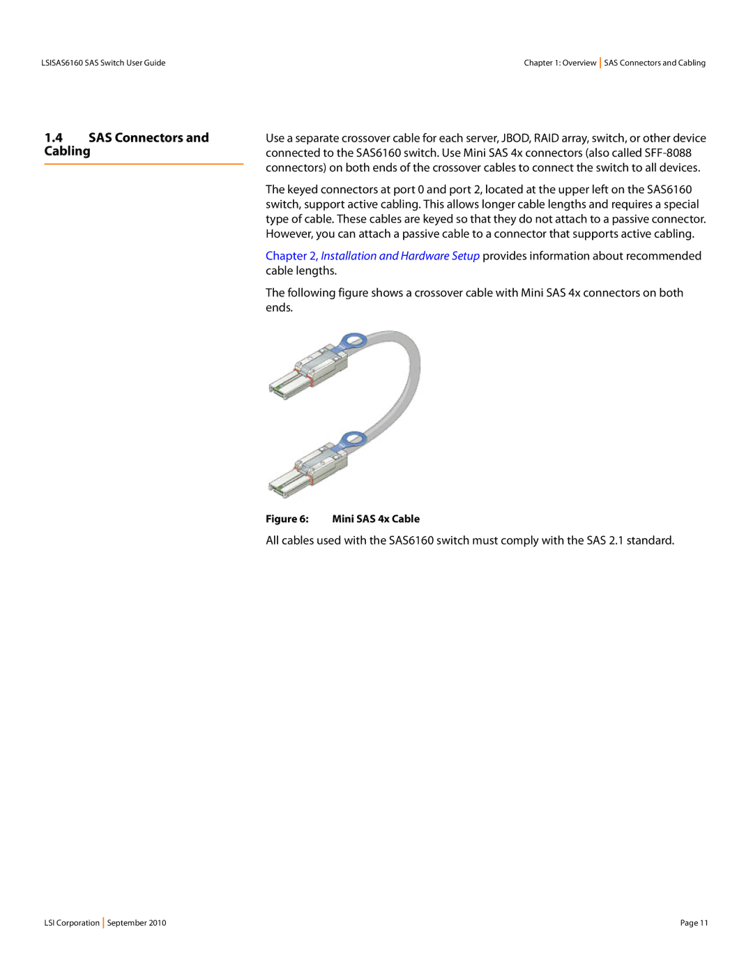 LSI SAS6160 manual SAS Connectors and Cabling, Mini SAS 4x Cable 