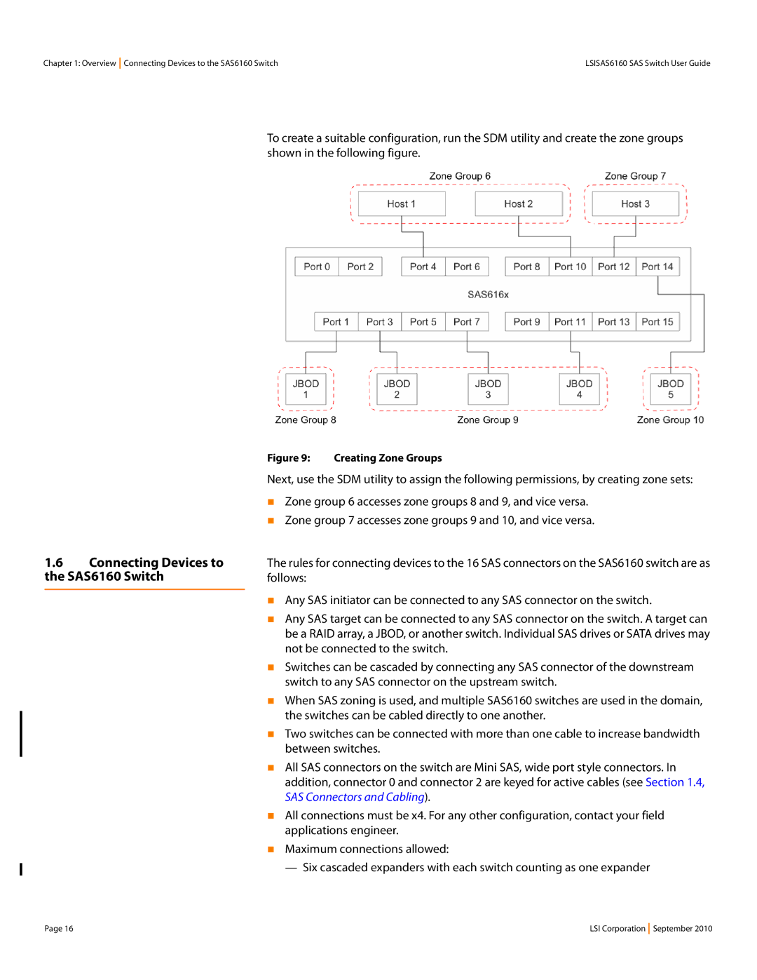 LSI manual Connecting Devices to the SAS6160 Switch, Creating Zone Groups 