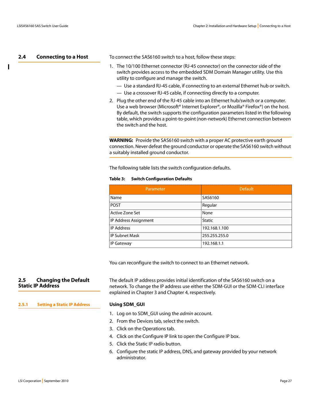 LSI SAS6160 manual Connecting to a Host Changing the Default Static IP Address, Setting a Static IP Address 