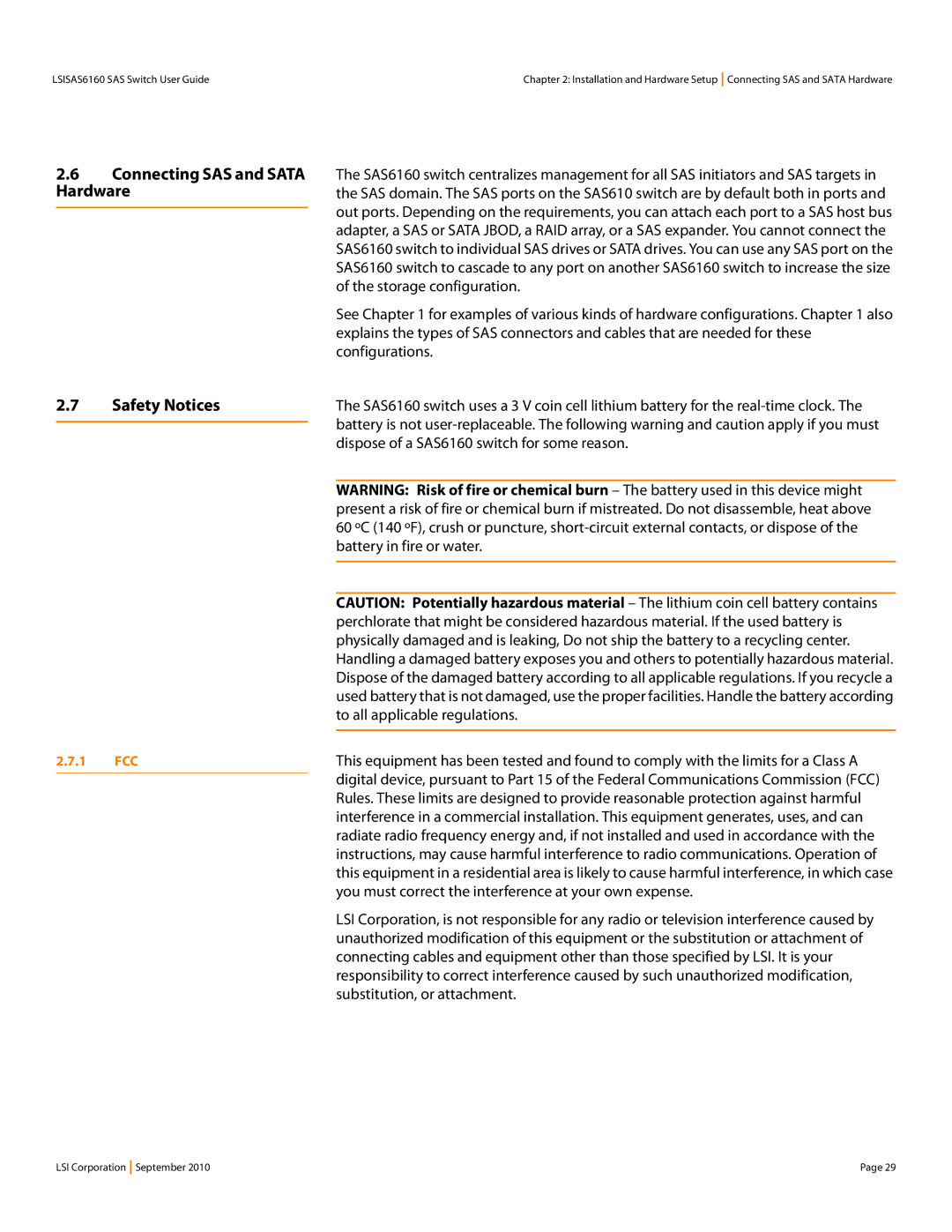 LSI SAS6160 manual Connecting SAS and Sata Hardware Safety Notices, 1 FCC 